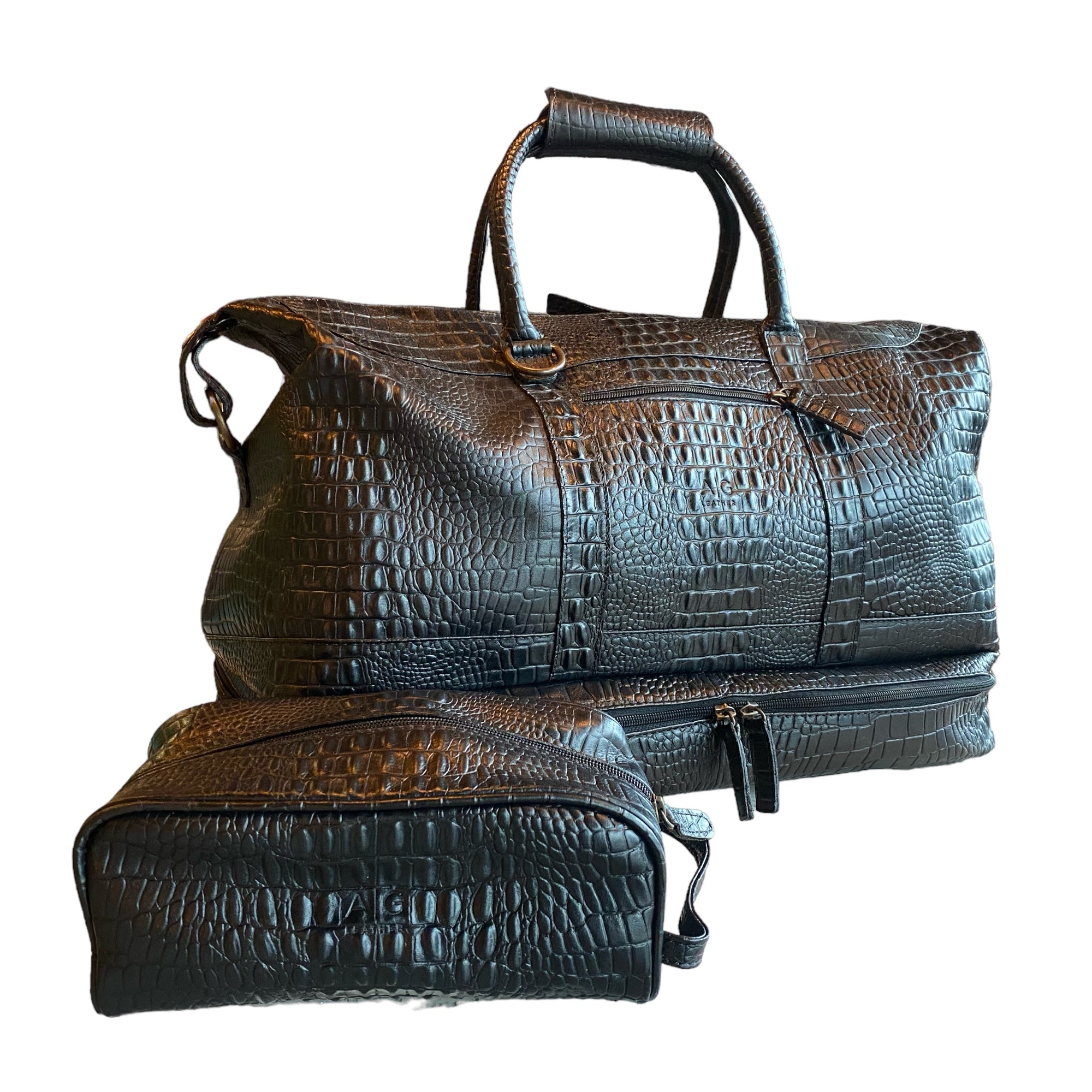 Travel Bag with shoe compartment in Black Croc Embossed Leather with - Professional Players Favorite Weekender - FINAL SALE NO EXCHANGE
