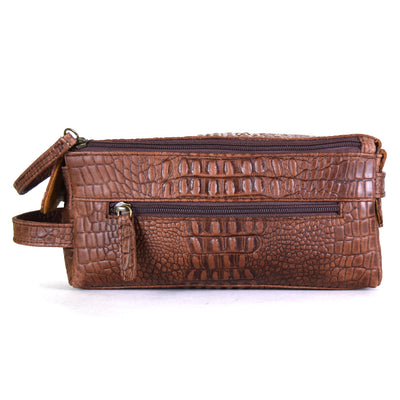 Travel Case With Double Zipper Closure And Gadgets Holder in Rustic Brown Embossed