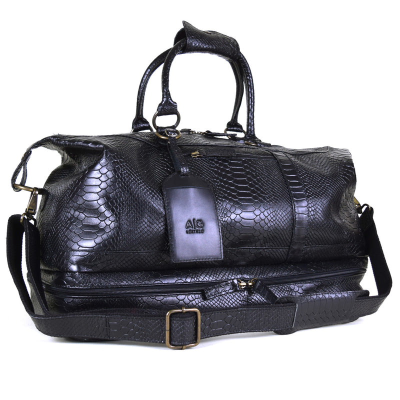 Travel Bag with shoe compartment in Black Embossed Leather with - Profesional Players Favorite Weekender