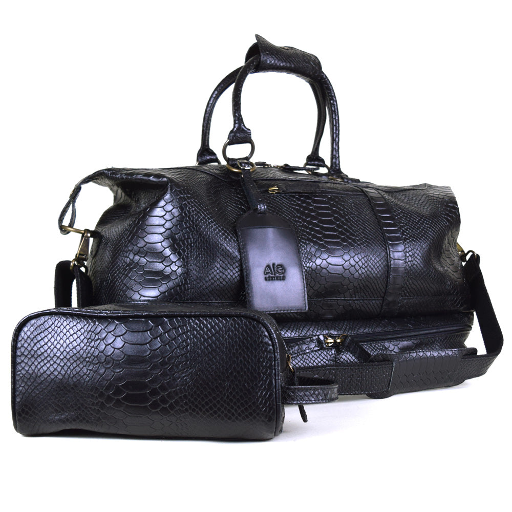 Travel Bag with shoe compartment in Black snke Embossed Leather with - Professional Players Favorite Weekender - FINAL SALE NO EXCHANGE